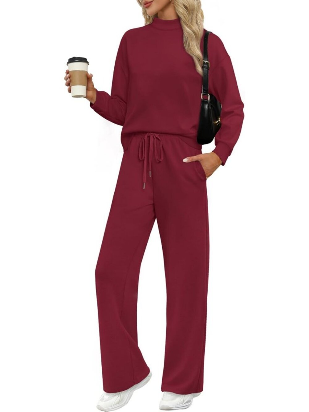 Chic Two-Piece Lounge Set for Women - Mock Neck Top & Wide Leg Pants, Travel